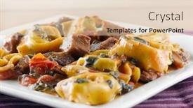  Presentation with beef - PPT theme having braised-beef-and-portobello-tortelloni background and a lemonade colored foreground