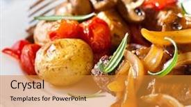  Presentation with onion - PPT theme having braised beef with onion sauce and oven baked vegetables background and a gold colored foreground