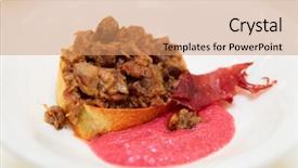  Presentation with beetroot - Slide set featuring braised beef with potato chips and beetroot froth close-up background and a coral colored foreground