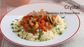  Presentation with couscous - PPT theme with braised vegetables and tomato sauce background and a coral colored foreground