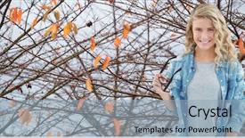  Presentation with female - Presentation theme enhanced with branch company - portrait of smiling female hipster background and a light blue colored foreground