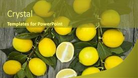 Presentation with lemons - Slides enhanced with branch of fresh juicy sicilian lemons on a wooden background background and a gold colored foreground