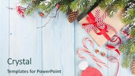  Presentation with fir tree - Slide set with branch on wooden table top background and a sky blue colored foreground