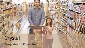  Presentation with supermarket - Presentation theme enhanced with brand decision - father and daughter shopping background and a  colored foreground