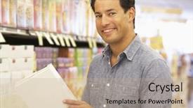  Presentation with decision - Audience pleasing slides consisting of brand decision - man shopping in supermarket backdrop and a coral colored foreground