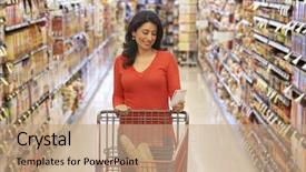  Presentation with decision - Beautiful presentation theme featuring brand decision - woman shopping in supermarket backdrop and a coral colored foreground
