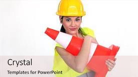  Presentation with person help sign poverty - Presentation design having brand exposure - woman with helmet and warning background and a  colored foreground