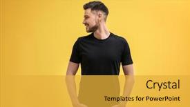  Presentation with black man fashion - Audience pleasing presentation design consisting of brand fashion - young man in black t-shirt backdrop and a yellow colored foreground
