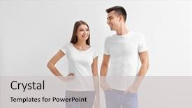  Presentation with brand - Colorful presentation theme enhanced with brand fashion - young woman and man backdrop and a light gray colored foreground