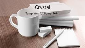  Presentation with blank note book and wooden - Slide set featuring brand promotion - blank goods on wooden table background and a mint green colored foreground