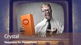  Presentation with advertising - PPT theme having brand promotion - smiling salesman advertising a product background and a tawny brown colored foreground