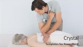  Presentation with physiotherapist - Presentation design with braq manipulator - male physiotherapist massaging a senior background and a soft green colored foreground
