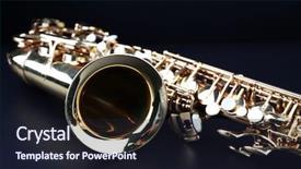  Presentation with instrument - PPT theme with brass instrument - golden saxophone on dark background background and a wine colored foreground