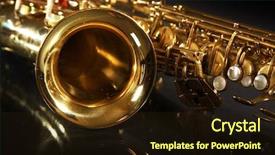  Presentation with shiny - Slide deck consisting of brass instrument - golden shiny saxophone on black background and a wine colored foreground