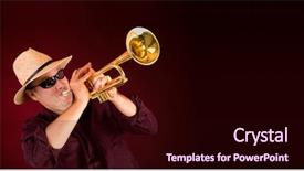  Presentation with announcement - PPT theme having brass instrument - trumpet player trumpeting an announcement background and a  colored foreground