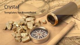  Presentation with telescope - PPT theme having bullion - gold nuggets and vintage brass background and a yellow colored foreground