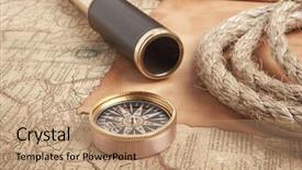  Presentation with map vintage - Colorful presentation design enhanced with vintage brass telescope on antique backdrop and a coral colored foreground