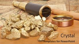  Presentation with telescope - Amazing slide set having gold nuggets and vintage brass telescope on antique map backdrop and a gold colored foreground
