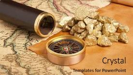  Presentation with map vintage - Slides having gold nuggets and vintage brass telescope on antique map background and a gold colored foreground