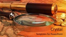  Presentation with telescope - Slide set featuring gold nuggets and vintage brass telescope on antique map background and a red colored foreground