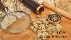  Presentation with map vintage - Audience pleasing presentation theme consisting of gold nuggets and vintage brass telescope on antique map backdrop and a gold colored foreground