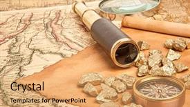  Presentation with map vintage - Colorful slide deck enhanced with gold nuggets and vintage brass telescope on antique map backdrop and a yellow colored foreground