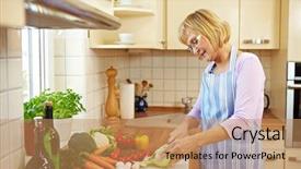  Presentation with cutting heavy metals - Presentation theme enhanced with brassica oleracea - happy senior woman cutting kohlrabi background and a coral colored foreground