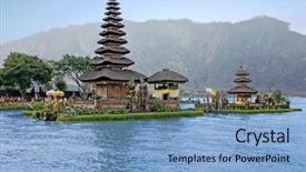  Presentation with pura - Beautiful theme featuring bratan lake bali indonesia backdrop and a light blue colored foreground