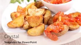  Presentation with sauce - Presentation design enhanced with bravas-potato-with-spicy-tomato background and a coral colored foreground