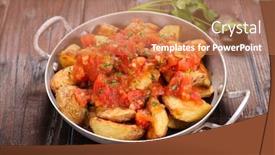  Presentation with tapas - Presentation consisting of bravas-potato-with-spicy-tomato background and a coral colored foreground