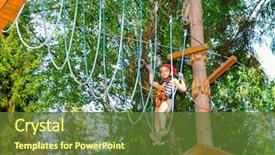  Presentation with forest bridge - Slide deck consisting of brave elementary age girl wearing safety harness climbing ropes course outdoor treetop adventure park summer forest passing hanging rope bridge obstacle background and a tawny brown colored foreground