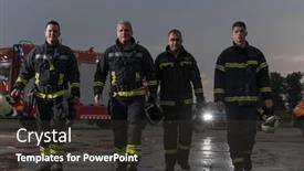  Presentation with fire insurance - Presentation theme with brave-firefighters-team-walking background and a dark gray colored foreground