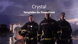  Presentation with fire insurance - Presentation theme having brave-firefighters-team-walking background and a violet colored foreground