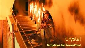  Presentation with building fire - PPT theme consisting of brave-fireman-descends-stairs background and a tawny brown colored foreground