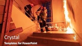  Presentation with building fire - PPT theme having brave-fireman-descends-stairs background and a tawny brown colored foreground