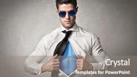  Presentation with superhero - Colorful theme enhanced with bravery - muscular office worker with sunglasses backdrop and a gray colored foreground