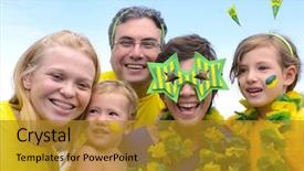  Presentation with soccer fans - Beautiful presentation design featuring brazil flag - happy caucasian family of brazilian backdrop and a gold colored foreground