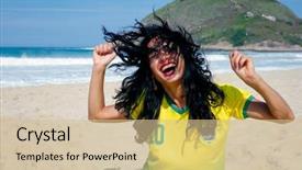  Presentation with goal - PPT layouts with brazil flag - woman celebrating goal in soccer background and a soft green colored foreground