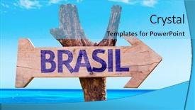  Presentation with brazil - Cool new slide deck with brazil in portuguese wooden sign with a beach on background backdrop and a light blue colored foreground