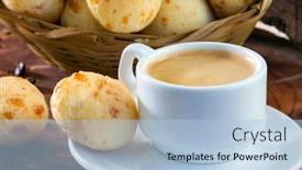  Presentation with cold brew coffee - PPT theme with brazilian snack cheese bread pao de queijo brazilian snack cheese bread stuffed with pepperoni and a cup of coffee background and a light blue colored foreground