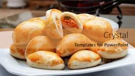  Presentation with snack food - PPT theme with brazilian-snack-meat-esfiha-food background and a gold colored foreground