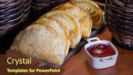  Presentation with snacks - Presentation design with brazilian-snacks-roasted-pastel-food background and a tawny brown colored foreground