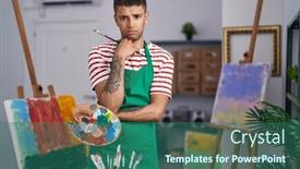  Presentation with young man and a woman - Presentation having brazilian-young-man-holding-painter background and a ocean colored foreground