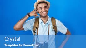  Presentation with man holding phone - Presentation theme consisting of brazilian-young-man-holding-vintage background and a teal colored foreground