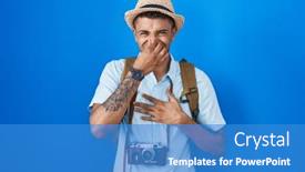  Presentation with bad breath - Presentation theme having brazilian-young-man-holding-vintage background and a teal colored foreground