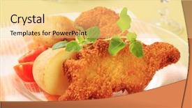  Presentation with big fish - Slide set featuring bread crumbs - dinosaurs shaped fried fish background and a  colored foreground