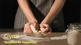  Presentation with baker kneading dough homemade bread - Presentation design featuring bread flour - woman kneading dough on table background and a tawny brown colored foreground