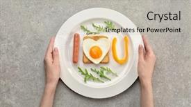  Presentation with fried egg close up view - Slide set consisting of bread love shape - woman having tasty romantic breakfast background and a  colored foreground