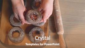  Presentation with donuts chocolate - Colorful PPT theme enhanced with bread making steps - cooking donuts by chef hands backdrop and a tawny brown colored foreground