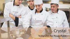  Presentation with interactive mobile learning - Cool new PPT theme with bread pastry - culinary students learning how backdrop and a coral colored foreground